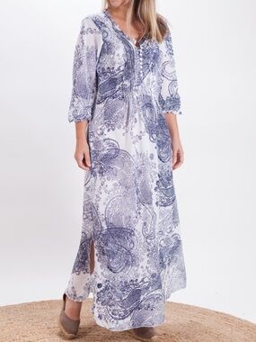 One Season Australia Antibes White/indigo Poppy Cotton Paisley Long Maxi Dress S